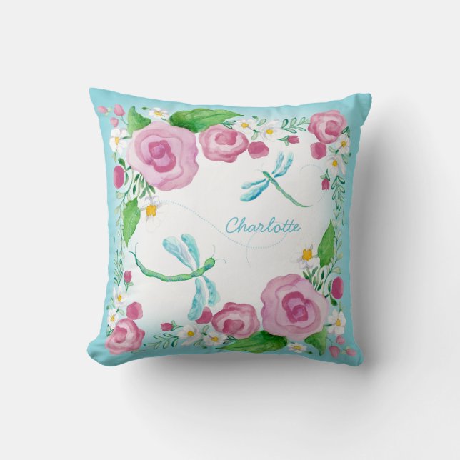 Blue Dragonfly Garden Nursery Watercolor Flowers Throw Pillow (Front)