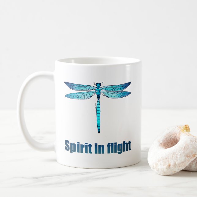 Blue Dragonfly in Flight Illustration Coffee Mug (With Donut)
