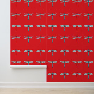blue dragonfly in red wallpaper