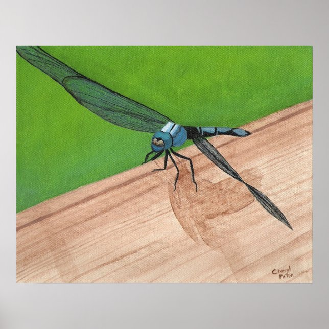 Blue Dragonfly Insect on a Rail Poster (Front)