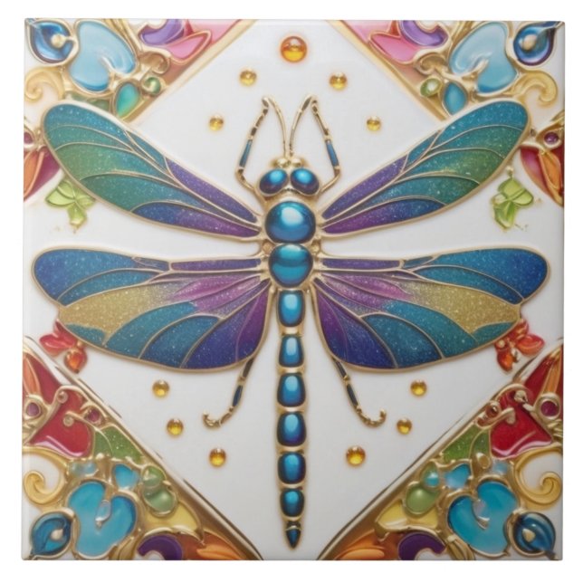 Blue Dragonfly - Multicolored Rainbow Colourful Tile (Front)