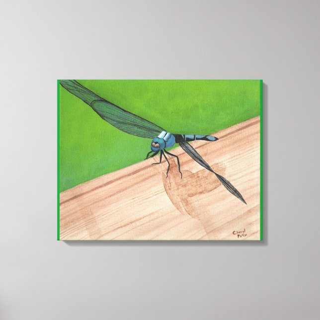Blue Dragonfly on a Rail Wrapped Canvas (Front)