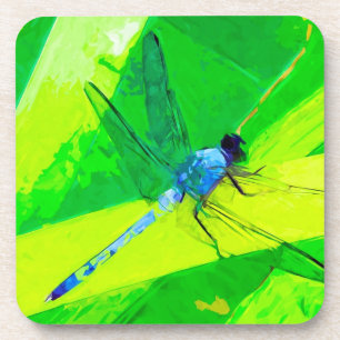 Blue Dragonfly on Green Abstract Impressionism Coaster