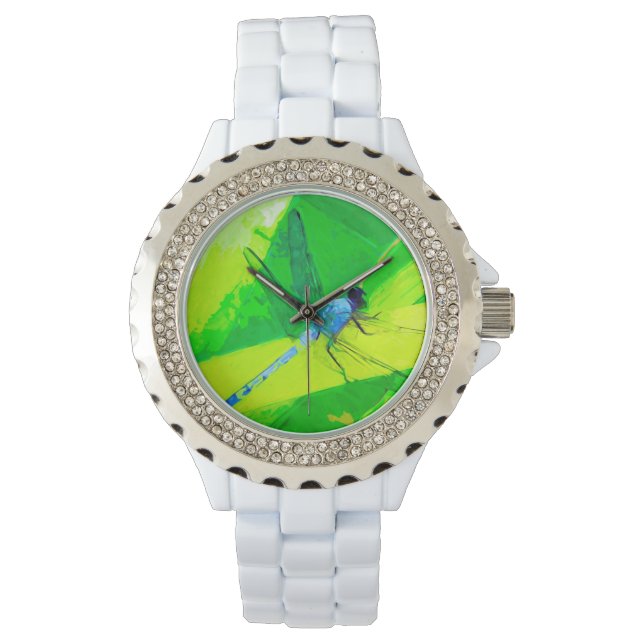 Blue Dragonfly on Green Abstract Impressionism Watch (Front)