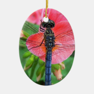 Blue dragonfly on pink flower green background ceramic ornament