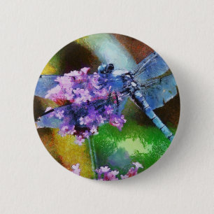 Blue Dragonfly on Wild Garlic Dot Art 2 Inch Round Button