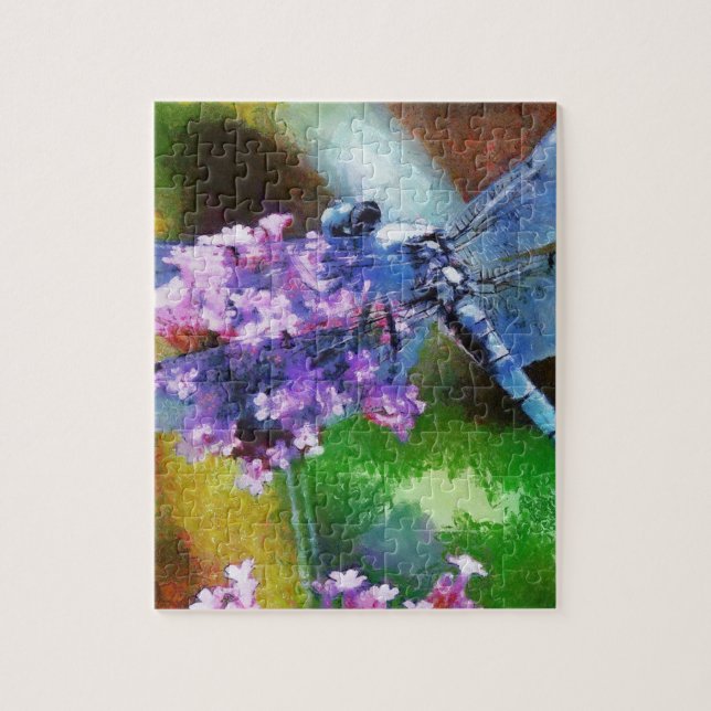 Blue Dragonfly on Wild Garlic Dot Art Jigsaw Puzzle (Vertical)