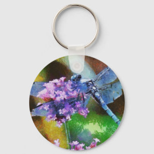 Blue Dragonfly on Wild Garlic Dot Art Keychain