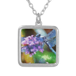 Blue Dragonfly on Wild Garlic Dot Art Silver Plated Necklace