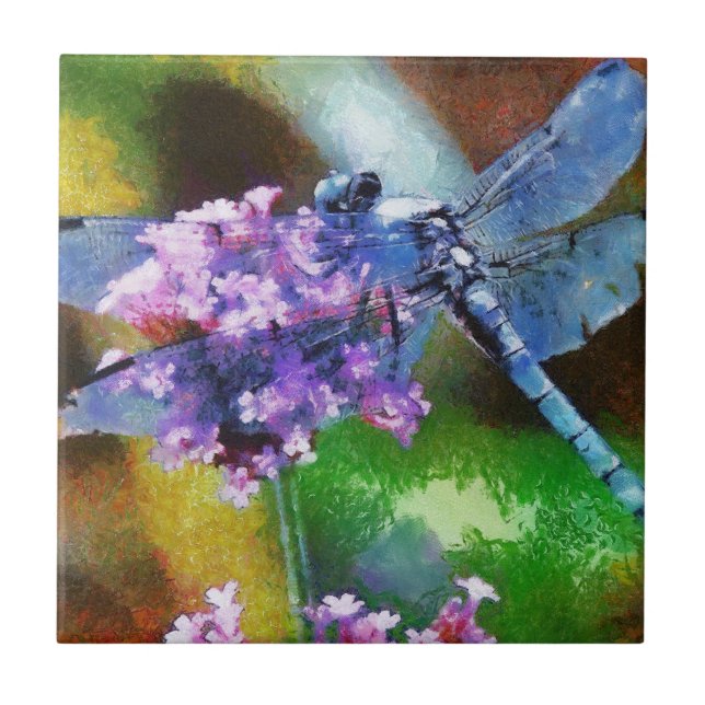 Blue Dragonfly on Wild Garlic Dot Art Tile (Front)