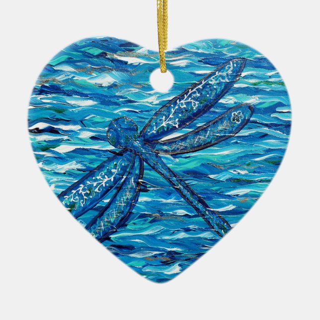 Blue Dragonfly Painting Ceramic Ornament (Front)