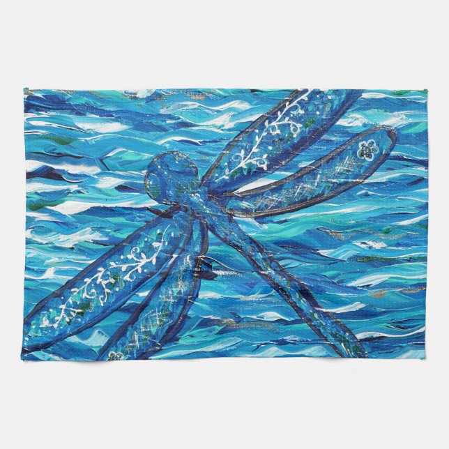 Blue Dragonfly Painting Kitchen Towel (Horizontal)
