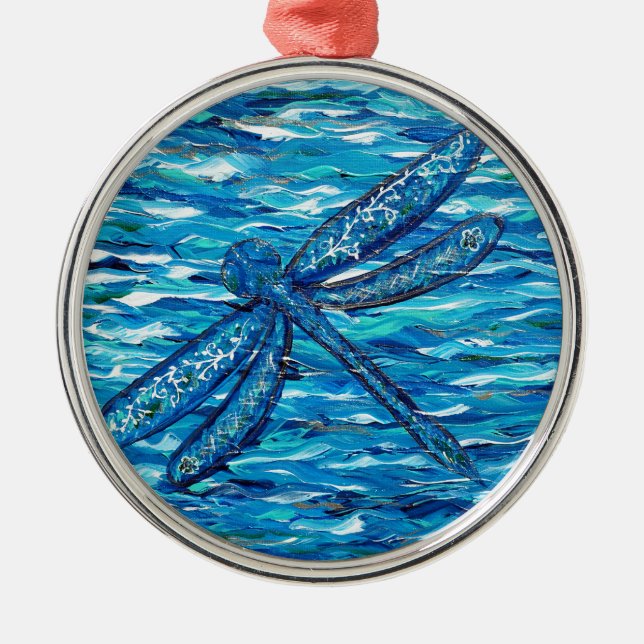 Blue Dragonfly Painting Metal Ornament (Front)