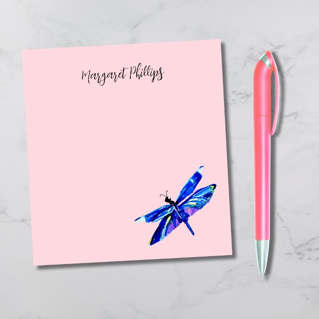 Blue Dragonfly Personalized Hand-Drawn Pastel Pink Notepad (This blue dragonfly is original art and can lend a whimsical touch to your daily to-do lists!)