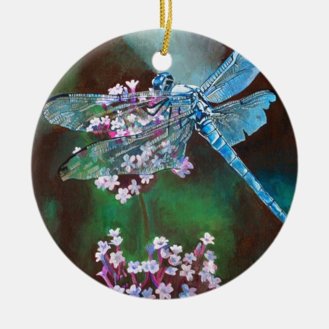 Blue Dragonfly Resting On Wild Garlic Ceramic Ornament (Front)