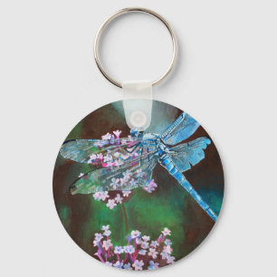 Blue Dragonfly Resting On Wild Garlic Keychain