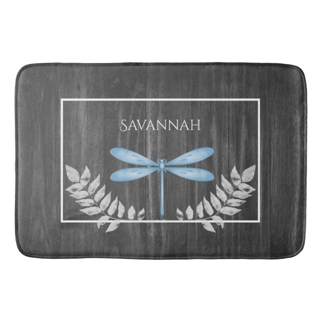 Blue Dragonfly Rustic Personalized Bath Mat (Front)