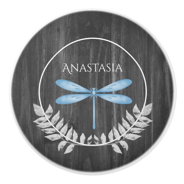 Blue Dragonfly Rustic Personalized Ceramic Knob (Front)