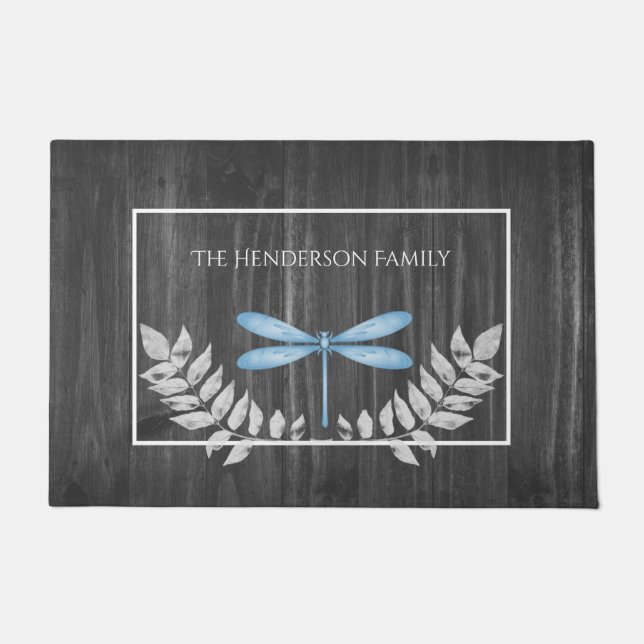 Blue Dragonfly Rustic Personalized Doormat (Front)