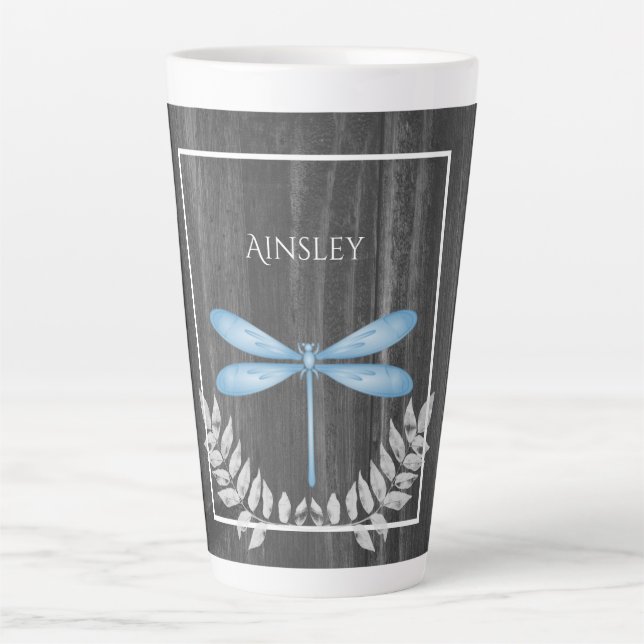 Blue Dragonfly Rustic Personalized Latte Mug (Front)