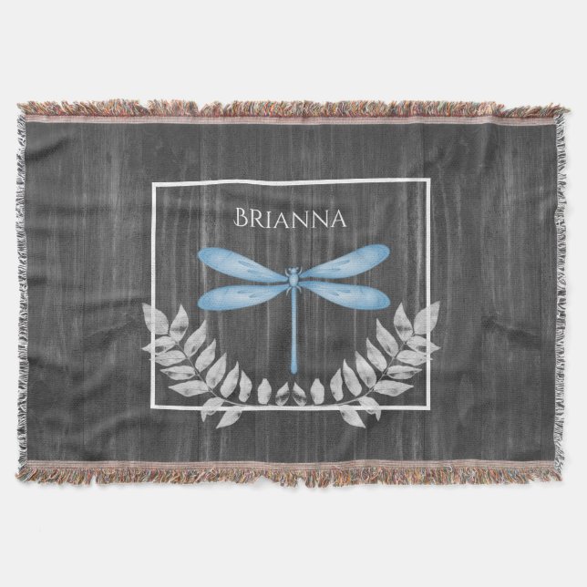 Blue Dragonfly Rustic Personalized  Throw Blanket (Front)