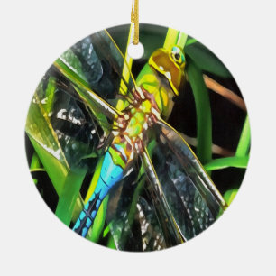Blue Dragonfly Shimmering Wings Painting Ceramic Ornament