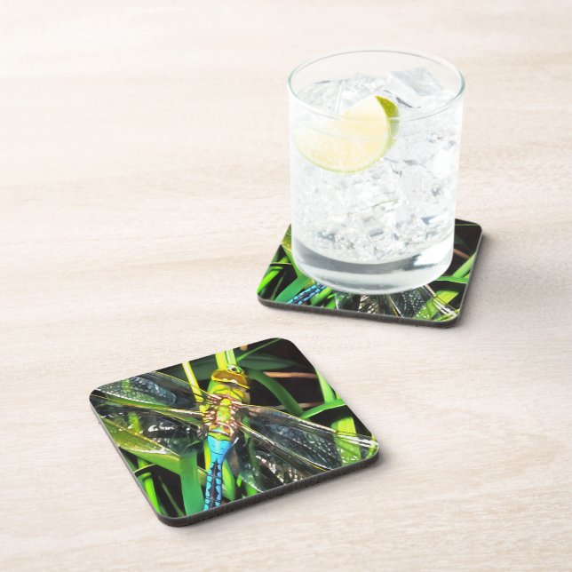 Blue Dragonfly Shimmering Wings Painting Coaster (Right Side)