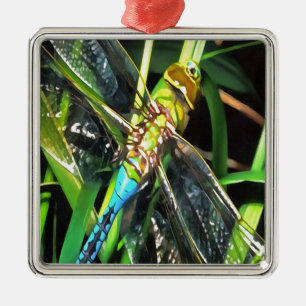 Blue Dragonfly Shimmering Wings Painting Metal Ornament