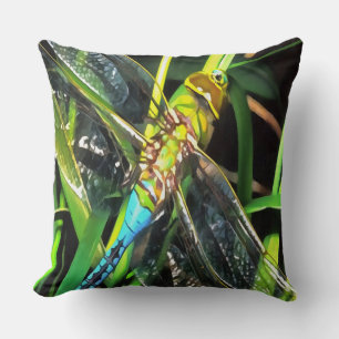 Blue Dragonfly Shimmering Wings Painting Throw Pillow