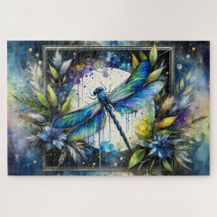 Blue Dragonfly Watercolor Botanical Jigsaw Puzzle