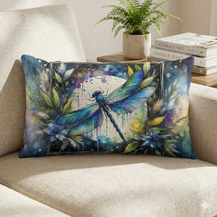 Blue Dragonfly Watercolor Botanical Lumbar Pillow