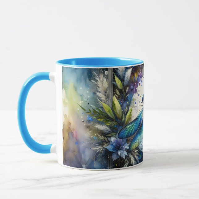 Blue Dragonfly Watercolor Botanical Mug (Left)