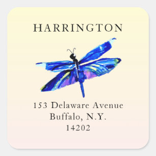 Blue Dragonfly Watercolor Square Return Address Sticker