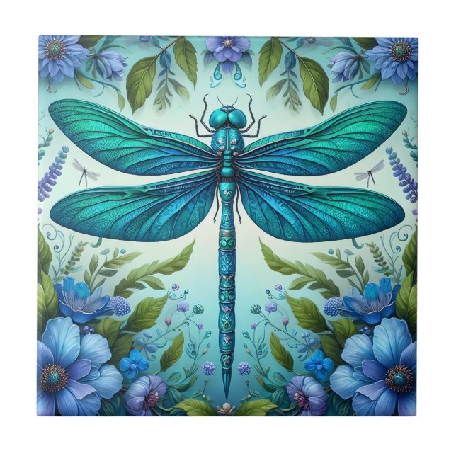 Blue Dragonfly with Flowers Tile (Front)