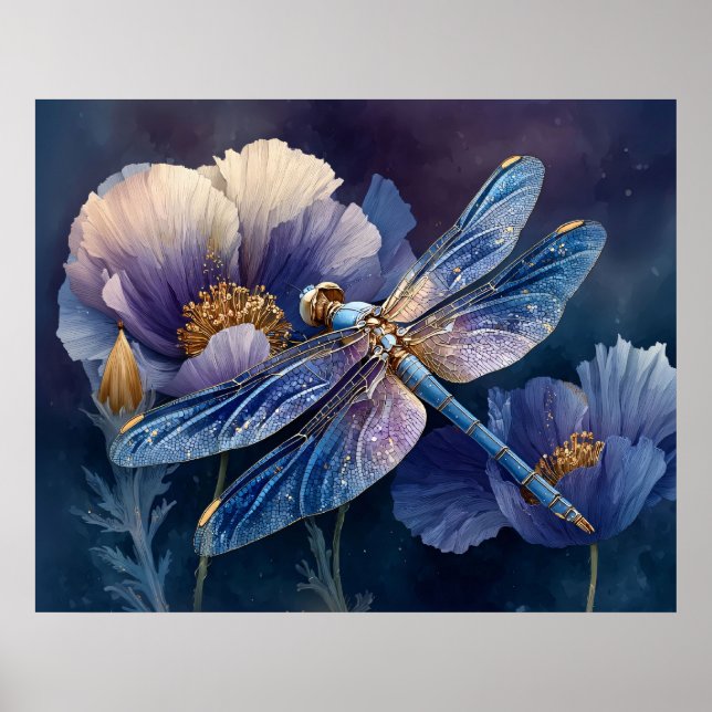 Blue Dragonfly with Golden Wings Poster (Front)