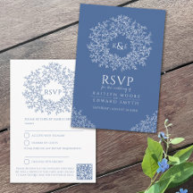 Blue drawn leaf monogram RSVP wedding QR Code