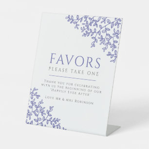 blue drawn leaf wedding favours sign