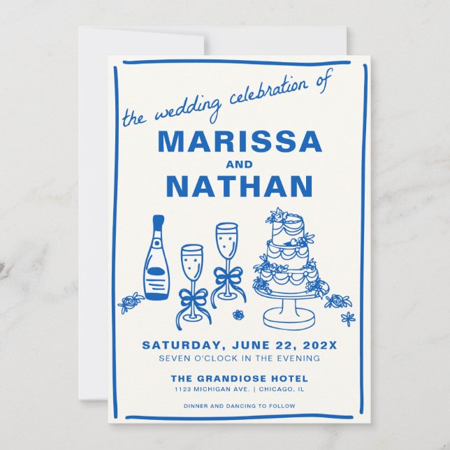 Blue Drawn Together with Photo Wedding Invitation (Front)