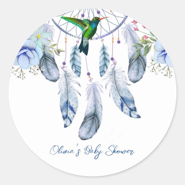 Blue Dreamcatcher Hummingbird Boy Baby Shower Classic Round Sticker (Front)