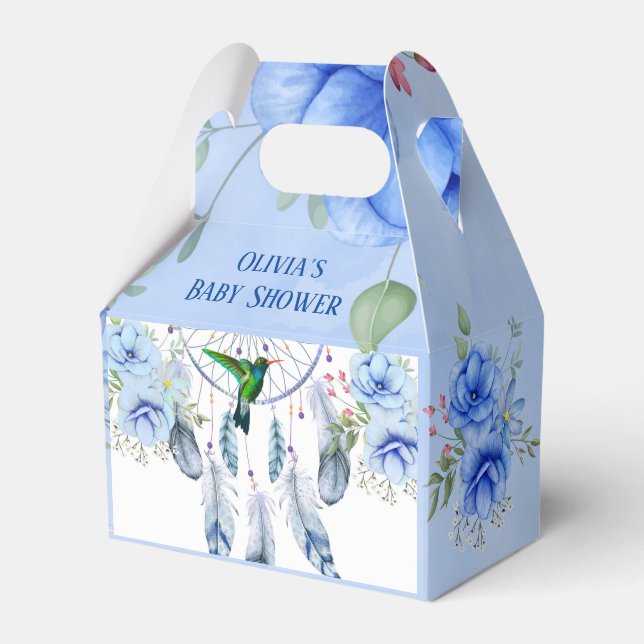 Blue Dreamcatcher Hummingbird Boy Baby Shower Favor Box (Front Side)