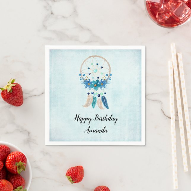 Blue Dreamcatcher Stylish Boho Design Birthday Napkin (Insitu)