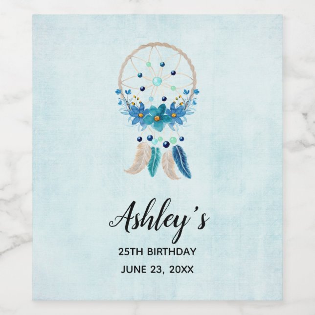 Blue Dreamcatcher Stylish Boho Design Birthday Wine Label (Single Label)