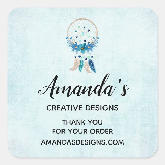 Blue Dreamcatcher Stylish Boho Design Business Square Sticker (Front)