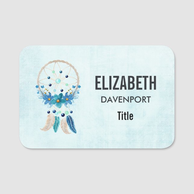 Blue Dreamcatcher Stylish Boho Design Name Tag (Front)
