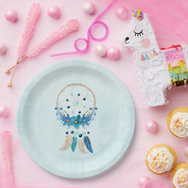 Blue Dreamcatcher Stylish Boho Design Paper Plate (Party)