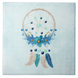 Blue Dreamcatcher Stylish Boho Design Tile<br><div class="desc">Ceramic tile with a pretty watercolor dreamcatcher. Blue,  turquoise and cream colours. Decorated with feathers,  beads and flowers.</div>