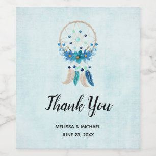 Blue Dreamcatcher Stylish Boho Design Wedding Wine Label