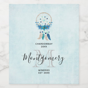 Blue Dreamcatcher Stylish Boho Design Wine Making Wine Label