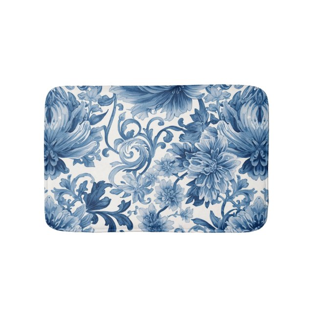Blue Dreams | Floral Watercolor Chinoiserie Bath Mat (Front)