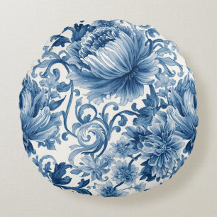 Blue Dreams   Floral Watercolor Chinoiserie Round Pillow